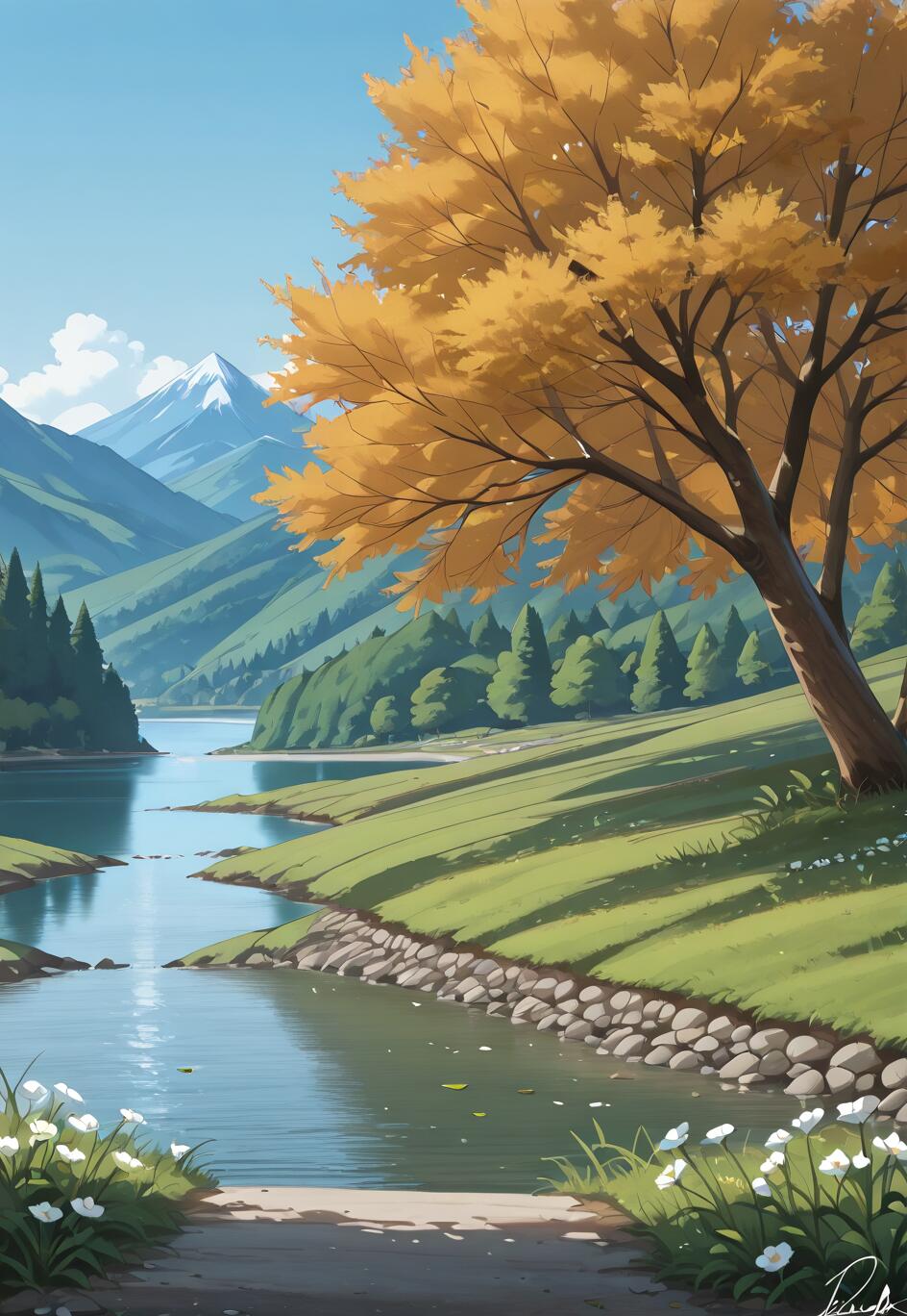 Una pintura digital de estilo anime que representa un paisaje sereno. Un gran árbol con hojas doradas se alza sobre un río sinuoso. En el fondo, se ven colinas verdes y una montaña cubierta de nieve bajo un cielo azul. En primer plano, hay flores blancas.