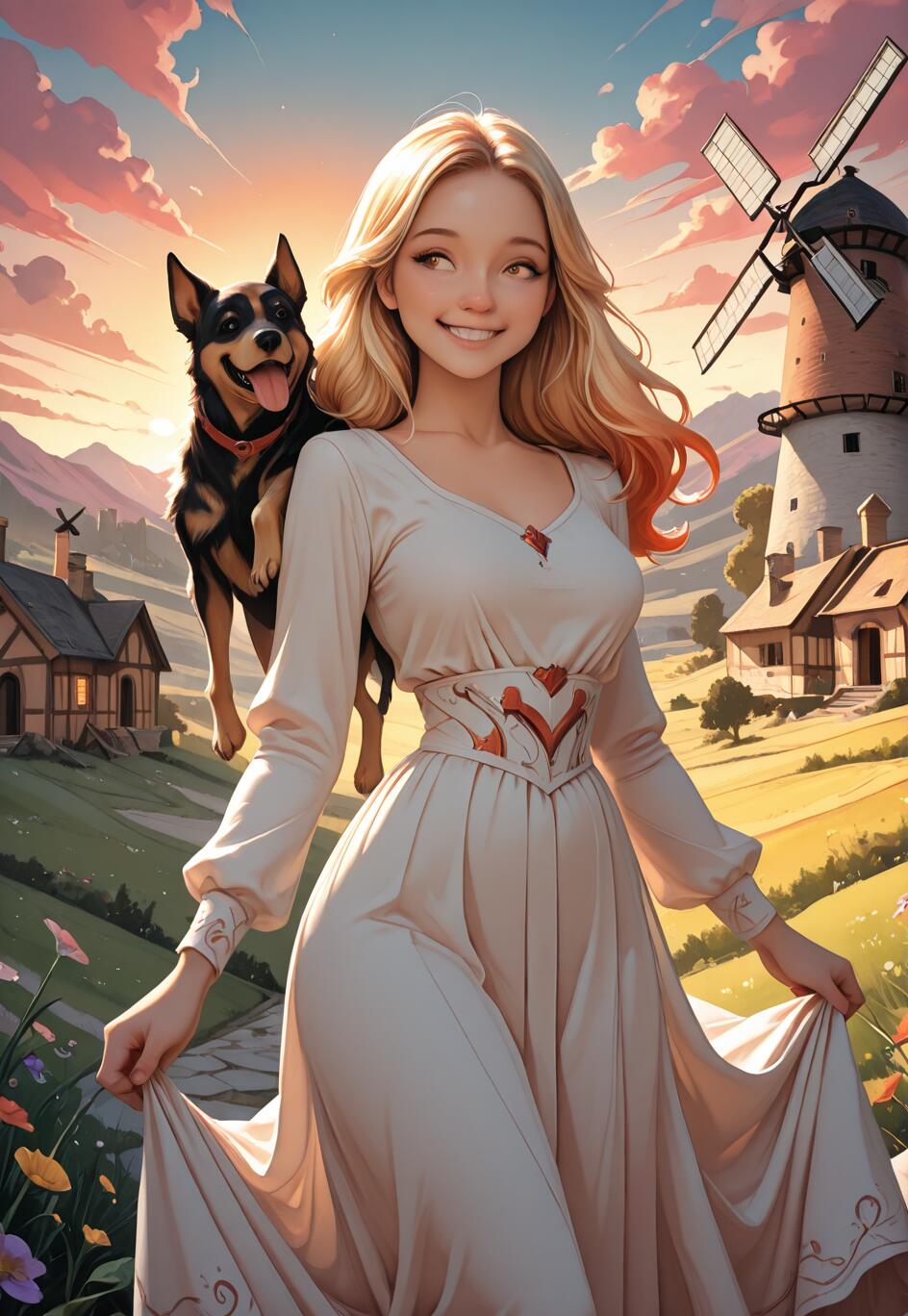 Una ilustración de estilo anime que representa a una joven sonriente, de cabello rubio largo y vestida con un vestido blanco, de pie en un campo junto a su alegre perro. En el fondo, se puede apreciar un paisaje rural con un gran molino y casas bajo un cielo al atardecer.