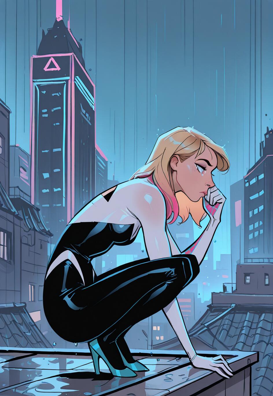 Gwen Stacy, interpretando a Spider-Gwen, con su icónico traje en blanco y negro, agachada y pensativa sobre el techo húmedo de un edificio en una ciudad lluviosa, iluminada por luces de neón durante la noche.