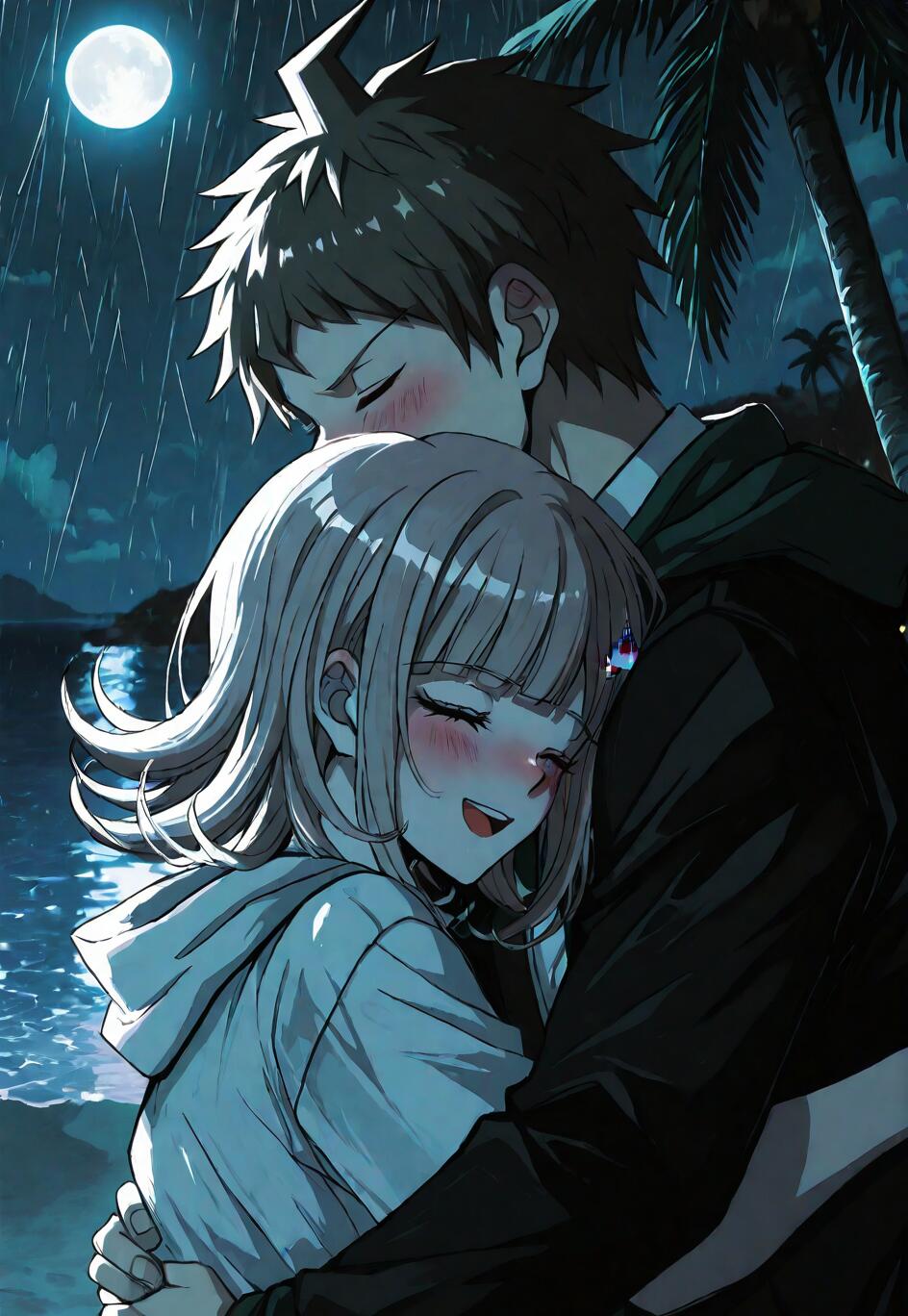 Ilustración de un fan sobre los personajes Hajime Hinata y Chiaki Nanami, de la serie Danganronpa, abrazándose cariñosamente en una playa lluviosa durante la noche, con una luna llena y palmeras al fondo.