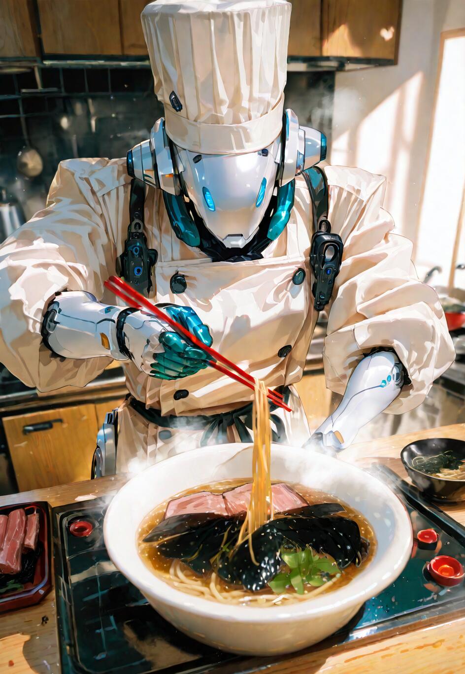 Un robot blanco y futurista, vestido con el uniforme completo de un chef, incluido un alto gorro, utiliza palillos rojos para sacar fideos de un cuenco humeante de ramen japonés en una cocina.