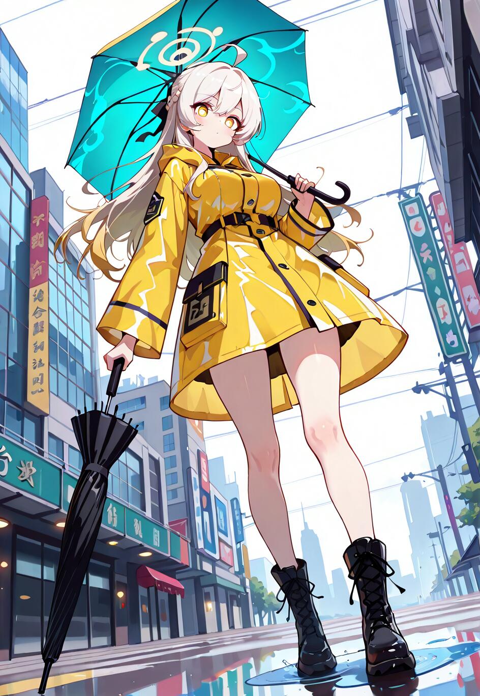 Una ilustración al estilo anime de Stelle, la protagonista femenina de Honkai: Star Rail, de pie en una calle húmeda de la ciudad. Lleva un impermeable amarillo y sostiene un paraguas turquesa, mirando al espectador con unos ojos dorados.