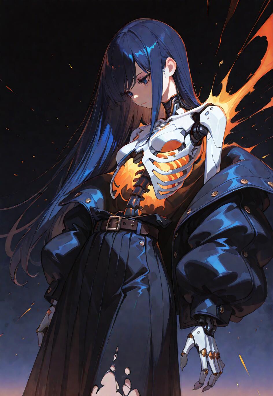 Una joven cyborg de estilo anime, con el pelo largo de color azul oscuro, mira hacia abajo con una expresión sombría. Su torso está abierto, dejando al descubierto una estructura de costillas metálicas blancas que emiten una luz naranja brillante desde el interior. Lleva una chaqueta oscura abierta y una falda desgarrada, todo ello sobre un fondo oscuro con destellos.