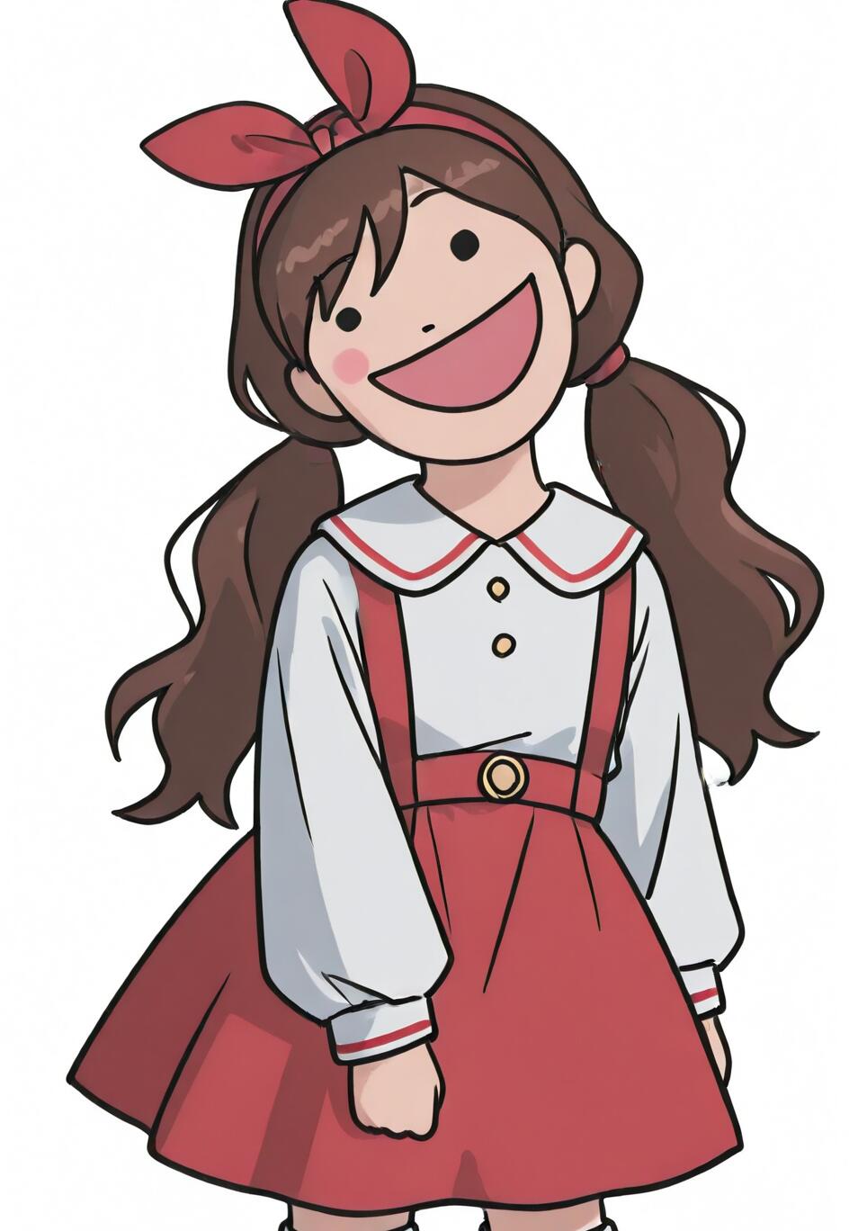 Una ilustración de estilo anime que representa a una joven alegre, de cabello castaño recogido en dos coletas y con un lazo rojo, vestida con una falda roja con tirantes sobre una camisa blanca, y que sonríe con la boca bien abierta sobre un fondo blanco.