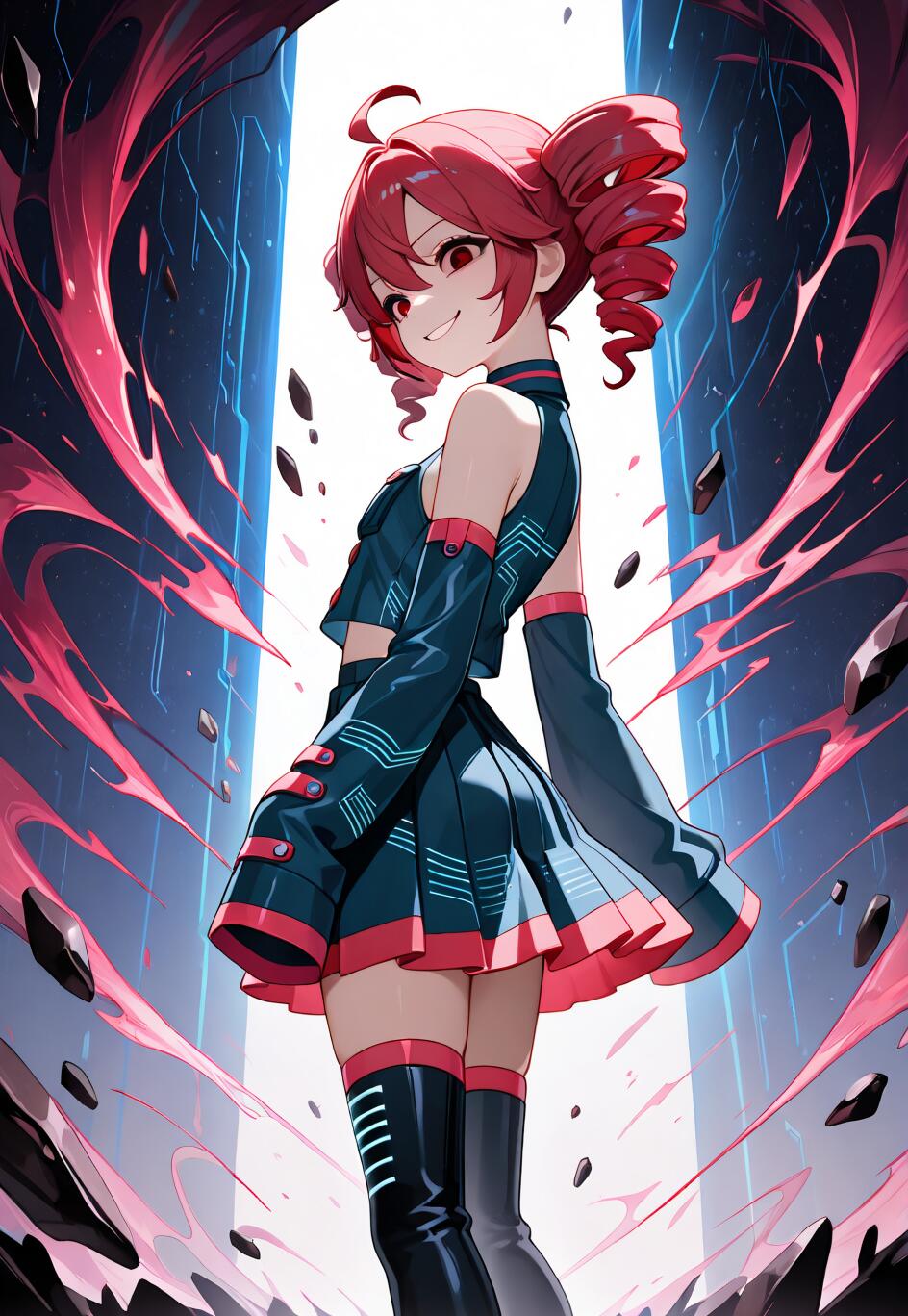Una ilustración al estilo anime de Kasane Teto, con el pelo rojo recogido en dos moños y una sonrisa traviesa, vestida con un atuendo futurista azul y rojo. Está de pie en medio de una energía rosa arremolinada y de rocas flotantes, frente a un portal brillante y resplandeciente.