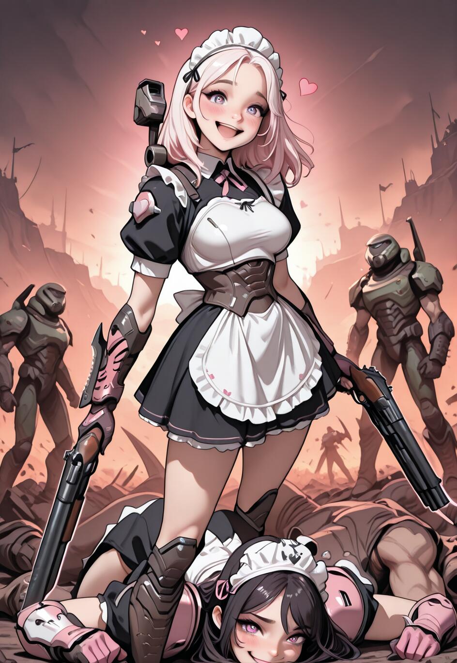 Una chica de anime con el pelo rosa, vestida con un uniforme de criada de combate, sostiene dos escopetas en un campo de batalla en llamas, sonriendo mientras está de pie junto a una criada derrotada. En el fondo, se ven figuras con la armadura de Doom Slayer.