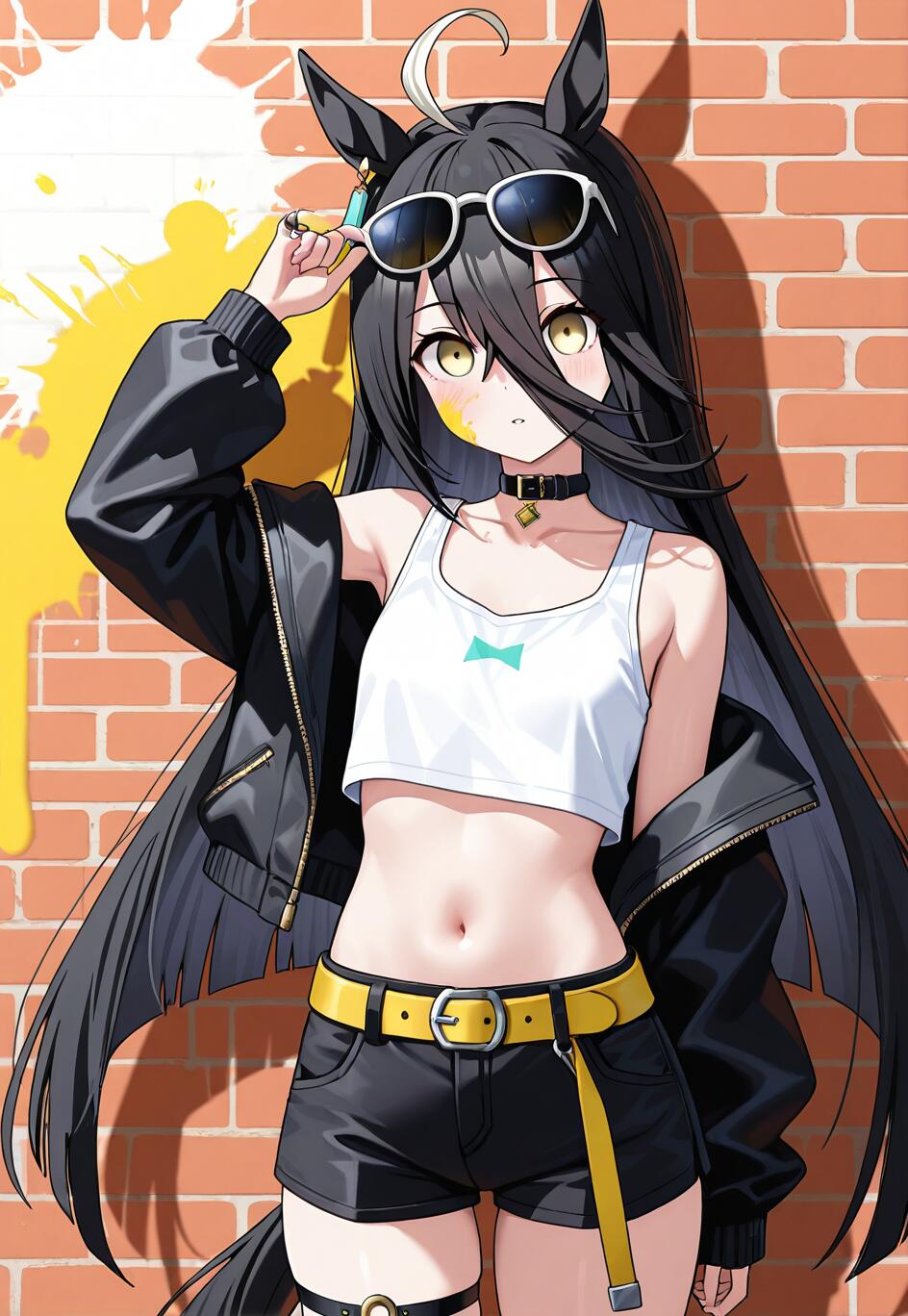 Un personaje de anime, Manhattan Cafe, de la serie Uma Musume, con el pelo largo y negro y orejas de caballo, que lleva un atuendo moderno y urbano compuesto por un top blanco, unos pantalones cortos negros con un cinturón amarillo y una chaqueta negra. Está subiéndose las gafas de sol en la cabeza mientras está de pie frente a una pared de ladrillo.