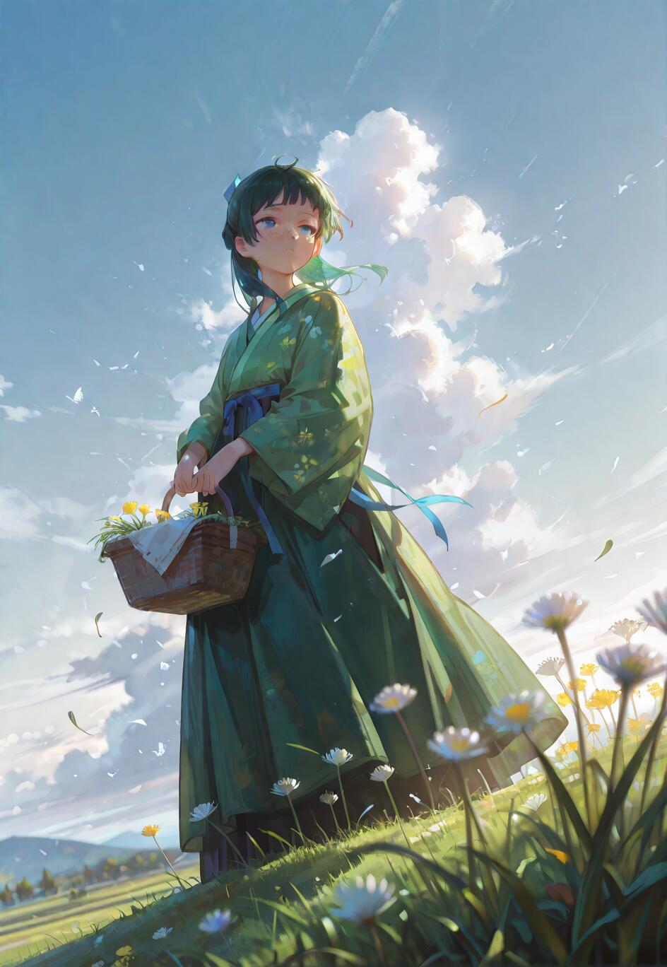 Una ilustración tomada desde un ángulo bajo que muestra a Maomao, personaje de la serie *The Apothecary Diaries*, en una colina cubierta de hierba. Tiene el pelo verde y pecas, lleva un kimono verde con una cinta azul y sostiene una cesta llena de flores amarillas bajo un cielo azul brillante con nubes blancas.