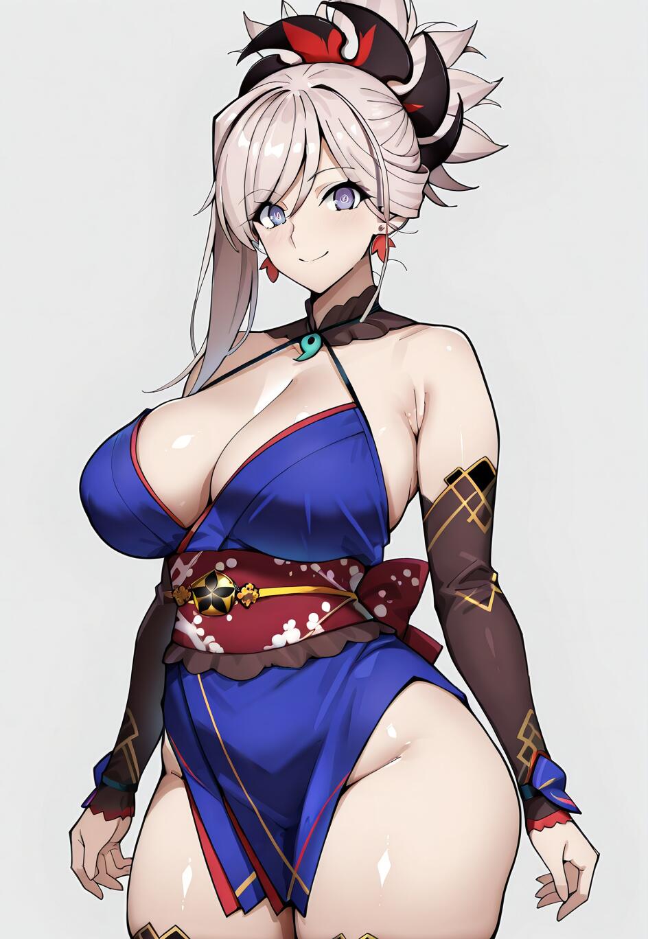 Una ilustración al estilo anime de Miyamoto Musashi, de Fate/Grand Order, sonriendo mientras lleva un kimono azul, protectores marrones en los brazos y el pelo recogido en una coleta alta.