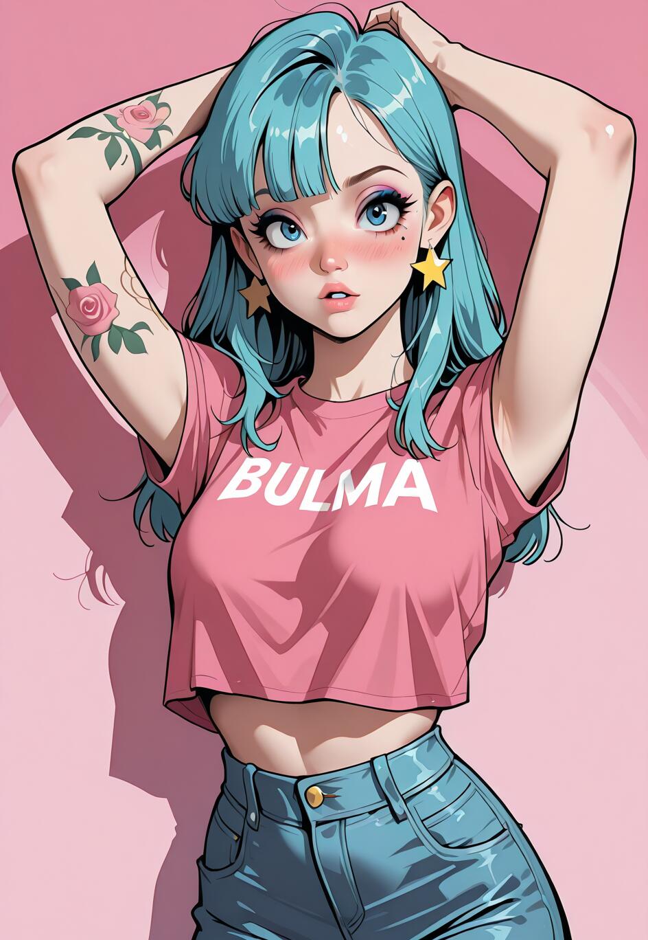 Una ilustración al estilo anime de Bulma, de la serie Dragon Ball, con el pelo y los ojos azules. Lleva un top corto rosa con la palabra «BULMA» estampada, vaqueros azules y pendientes con forma de estrella. Tiene tatuajes de rosas en el brazo y posa con las manos detrás de la cabeza, sobre un fondo rosa.