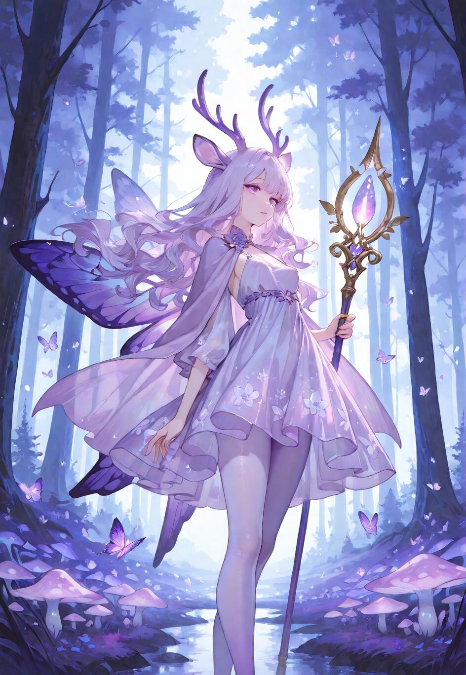 Una chica de estilo anime, con el pelo largo de color lavanda, astas de ciervo y alas de mariposa moradas, que sostiene un báculo brillante en un bosque mágico de color púrpura, lleno de hongos luminiscentes.
