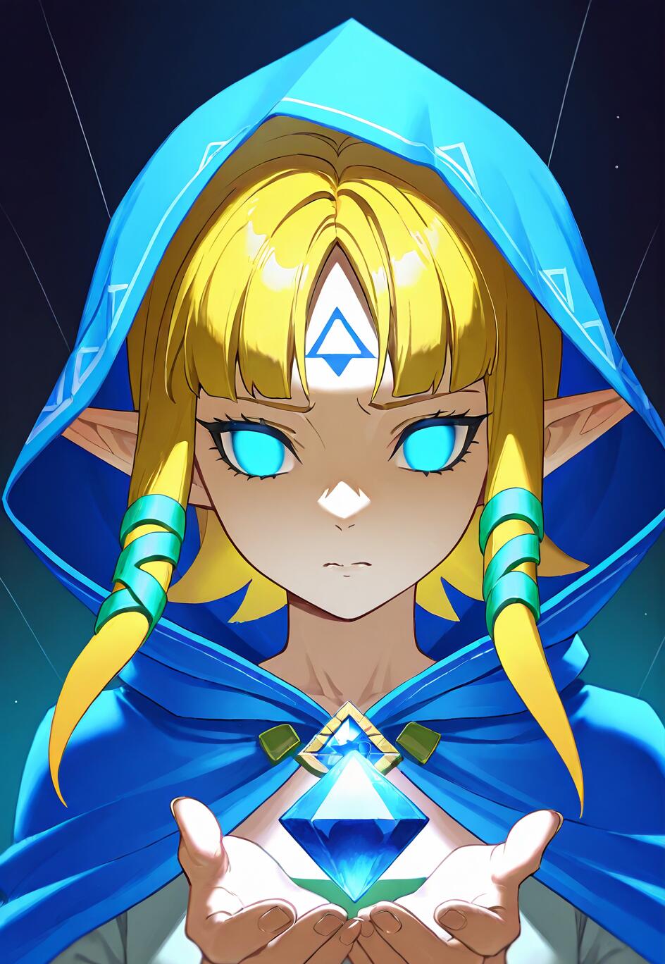 Una ilustración al estilo anime de la princesa Zelda, con unos ojos azules brillantes, vestida con una capa azul con capucha y sosteniendo una gema azul resplandeciente. El símbolo de la Trifuerza está en su frente.