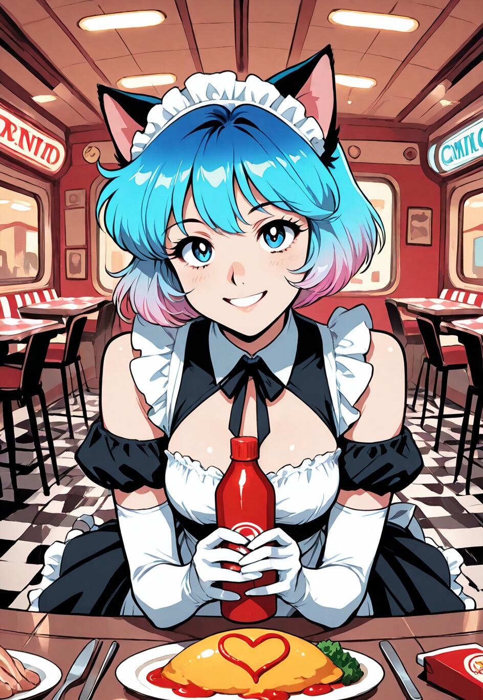 Una chica anime con aspecto de gato, de pelo corto azul y rosa, vestida con un uniforme de camarera, sonríe mientras sostiene una botella de kétchup sobre un plato de omurice decorado con un corazón de kétchup en un restaurante de estilo retro.