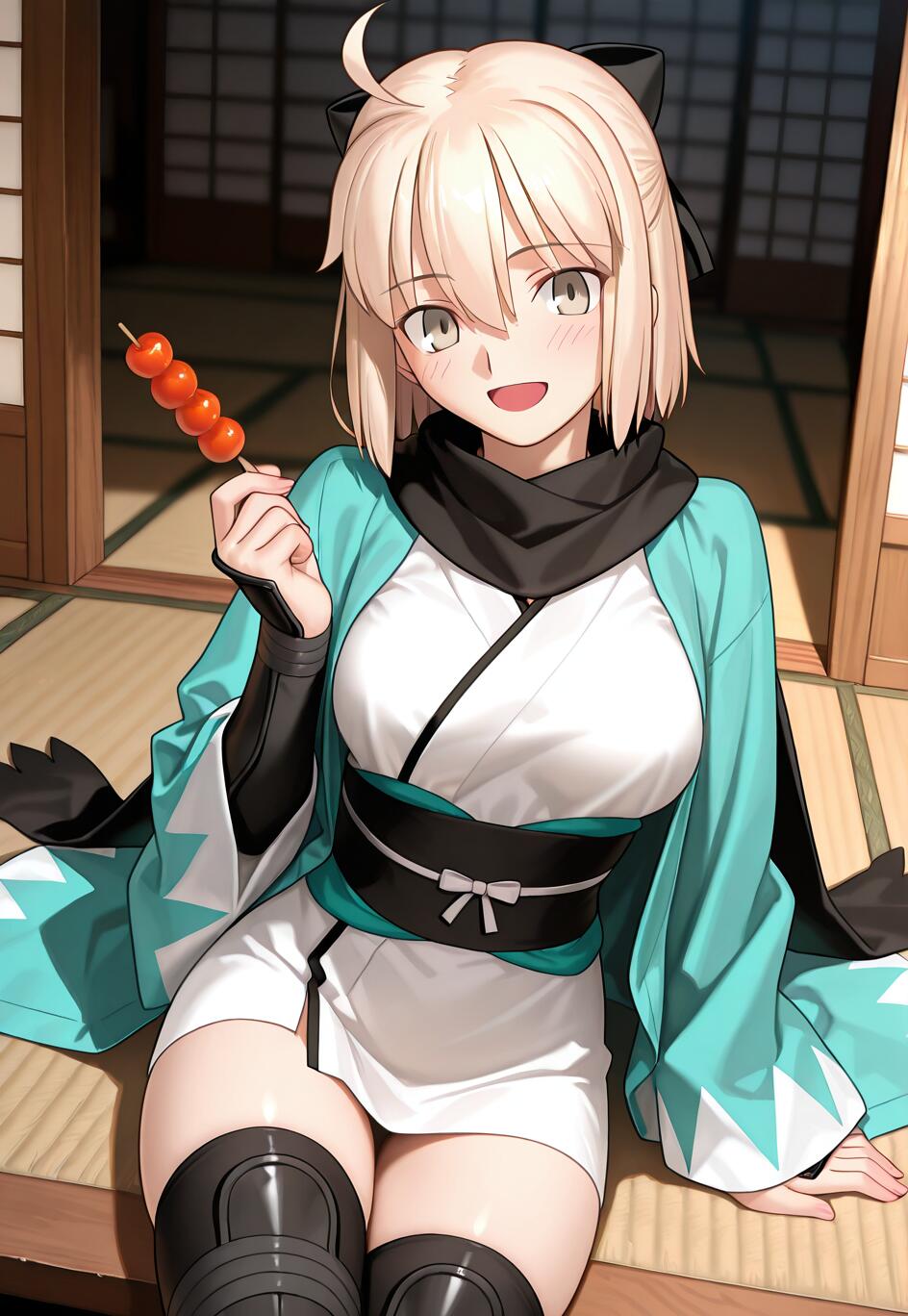 Okita Souji, un personaje de anime de Fate/Grand Order, una joven con el pelo corto y rubio y un lazo negro, sentada en un tatami con un haori turquesa y un kimono blanco, sonríe mientras sostiene un pincho de dango de color naranja.