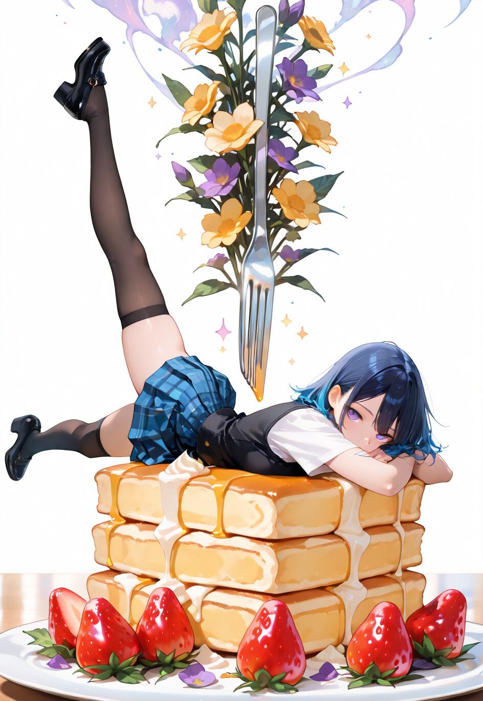 Una chica de estilo anime, con el pelo corto y azul, vestida con uniforme escolar, está tendida sobre una enorme pila de tortitas, rodeada de fresas. Detrás de ella, sobre un fondo blanco, se alza un tenedor gigante decorado con flores.