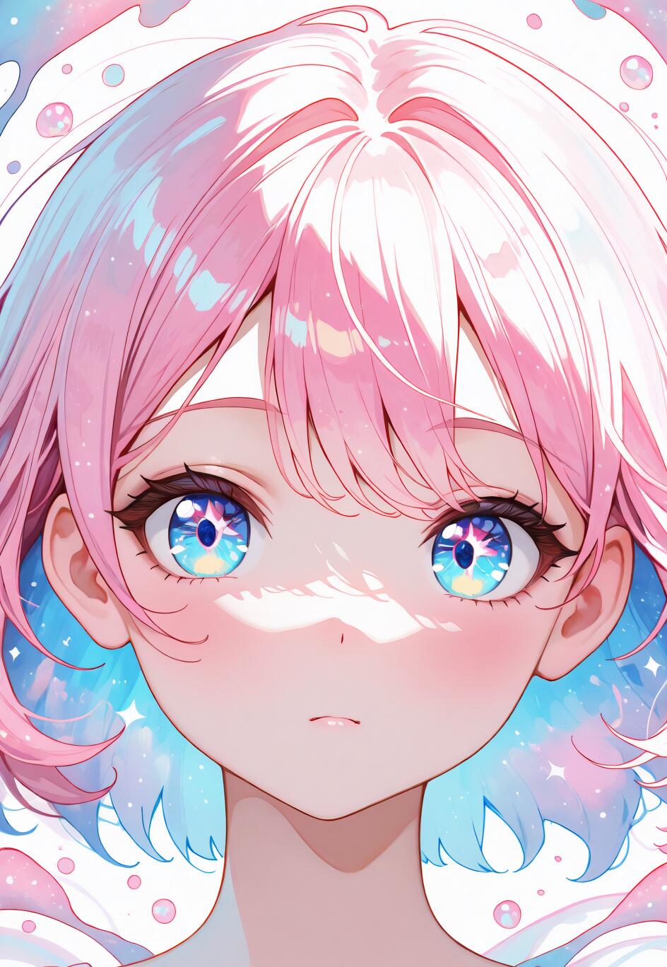 Un retrato en primer plano de una adorable chica de anime, con el pelo corto de color rosa y unos grandes ojos brillantes de múltiples colores. El estilo artístico es suave y se utiliza una paleta de colores pastel.