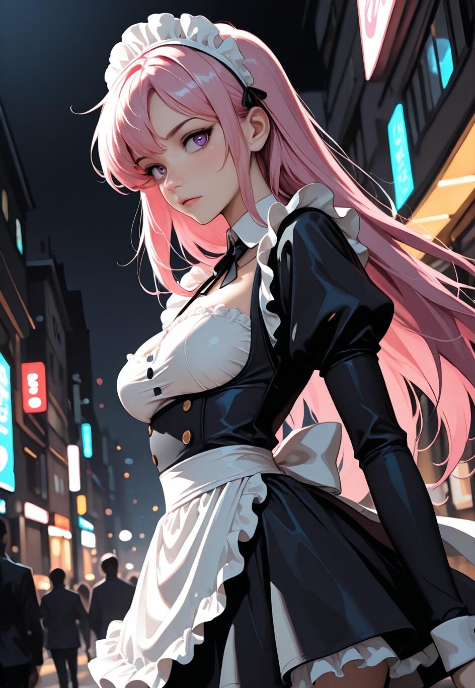 Una ilustración de estilo anime que representa a una joven con el pelo largo y rosa y los ojos de color púrpura, vestida con un uniforme de criada en blanco y negro. Está de pie en una calle de la ciudad por la noche, con luces de neón borrosas en el fondo.