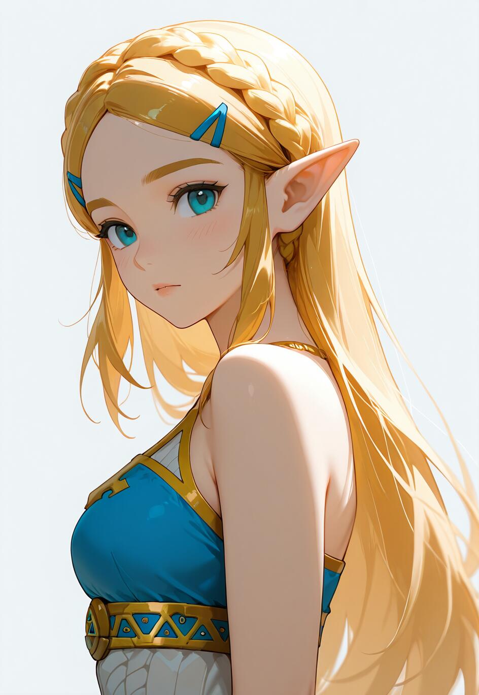 Una ilustración al estilo anime de la princesa Zelda, de la saga The Legend of Zelda. Tiene el pelo largo y rubio, recogido en una trenza con forma de corona, ojos azules y orejas puntiagudas, y está mirando por encima del hombro mientras lleva un atuendo azul y dorado.