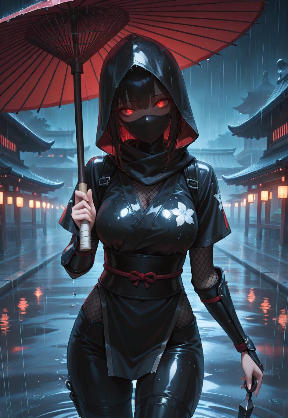 Una ninja de anime, de género femenino, con unos ojos rojos brillantes y vestida con un atuendo negro con capucha, está de pie bajo la lluvia durante la noche. En una mano sostiene un paraguas rojo y en la otra, un kunai. Al fondo, se pueden ver edificios japoneses iluminados por faroles.