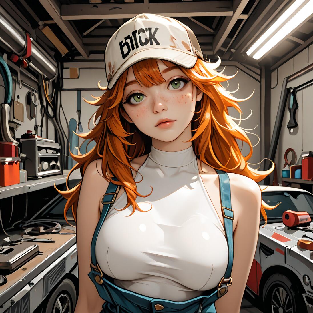 Una ilustración de estilo anime que representa a una joven con el pelo largo y pelirrojo, ojos verdes y pecas, vestida con una camiseta blanca, un mono azul y una gorra, de pie en un taller de mecánica desordenado.