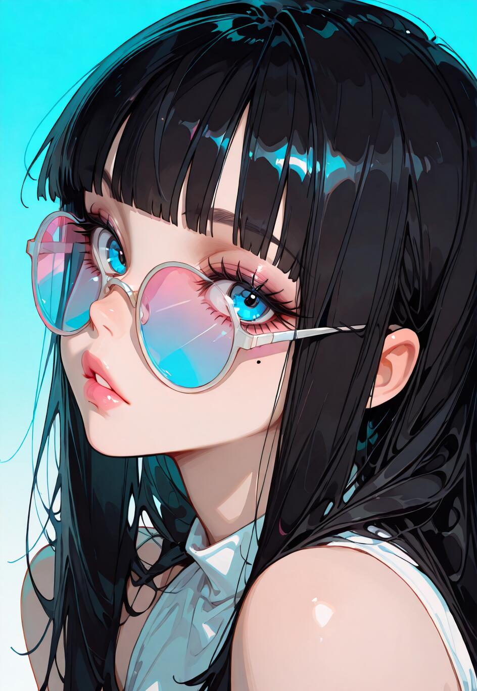 Una ilustración digital en primer plano de una chica al estilo anime, con el pelo largo y negro y un flequillo, que lleva unas gafas grandes y redondas con lentes de color rosa y azul degradado. Tiene unos ojos azules grandes y mira hacia un lado, sobre un fondo azul brillante.