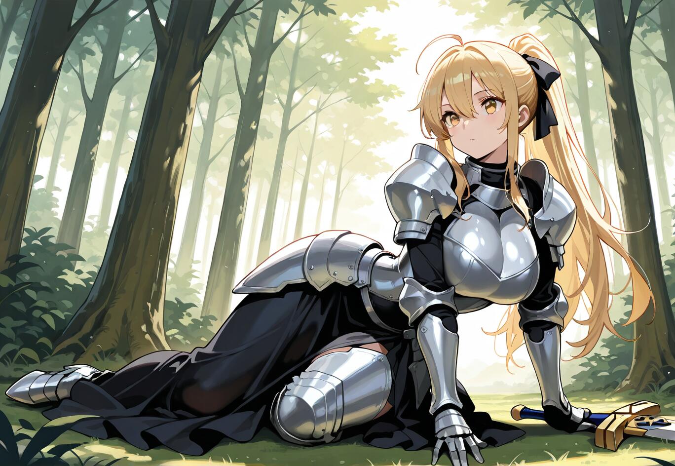 Una ilustración de estilo anime de Saber Artoria Pendragon, una caballero rubia con una armadura plateada completa y un vestido negro, descansando sobre la hierba de un bosque iluminado por el sol, con su espada Excalibur a su lado.