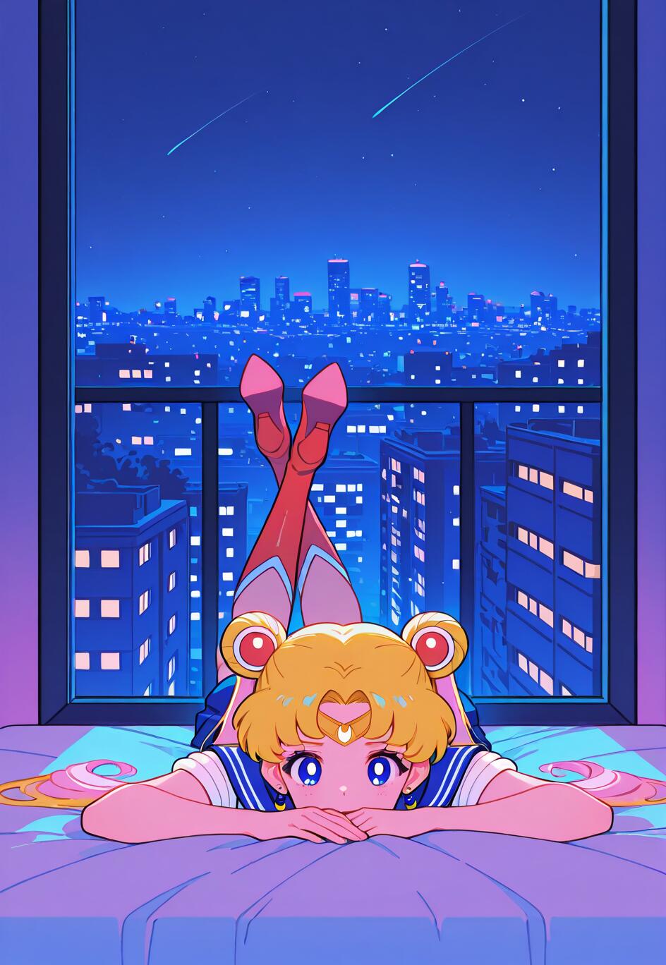 Sailor Moon, con su característico peinado de dos moños rubios, está tendida boca abajo en una cama, mirando directamente al espectador. Detrás de ella, una gran ventana muestra el vibrante perfil de la ciudad de noche, bajo un cielo estrellado.