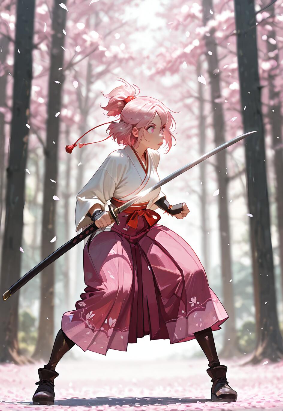 Una ilustración de estilo anime que representa a una joven con el pelo rosa recogido en una coleta alta, vestida con una blusa blanca y un hakama rosa, sosteniendo una katana en una postura defensiva en un bosque donde caen pétalos de cerezo.