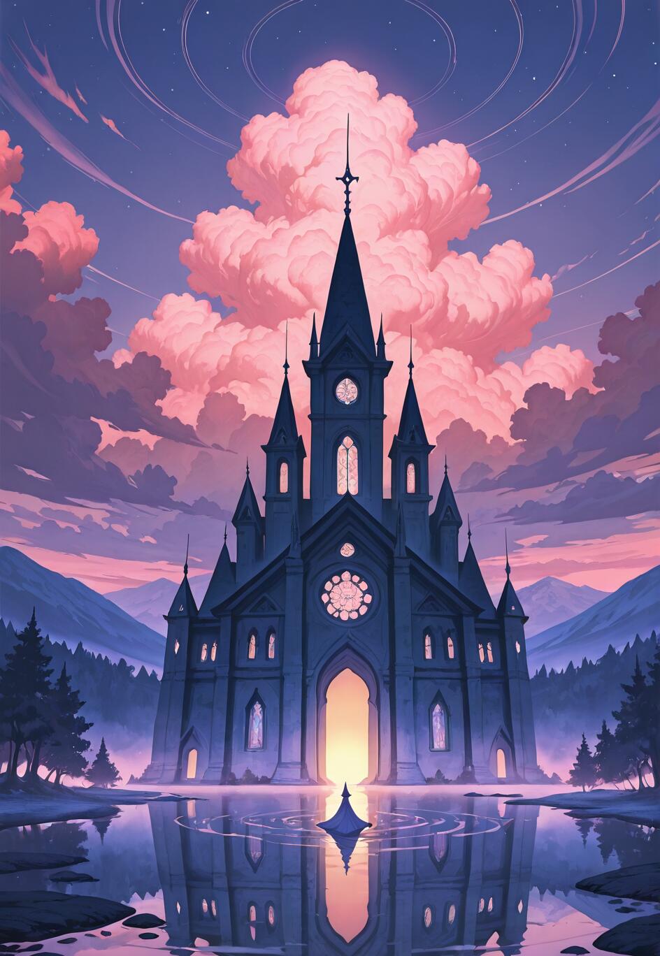 Una ilustración digital de fantasía que representa una oscura y gótica catedral a orillas de un lago, al atardecer. Grandes y voluminosas nubes rosadas llenan el cielo púrpura, y toda la escena se refleja en las tranquilas aguas. Una pequeña y solitaria figura, vestida con una túnica oscura, se encuentra sobre el agua, frente a la resplandeciente entrada de la catedral.