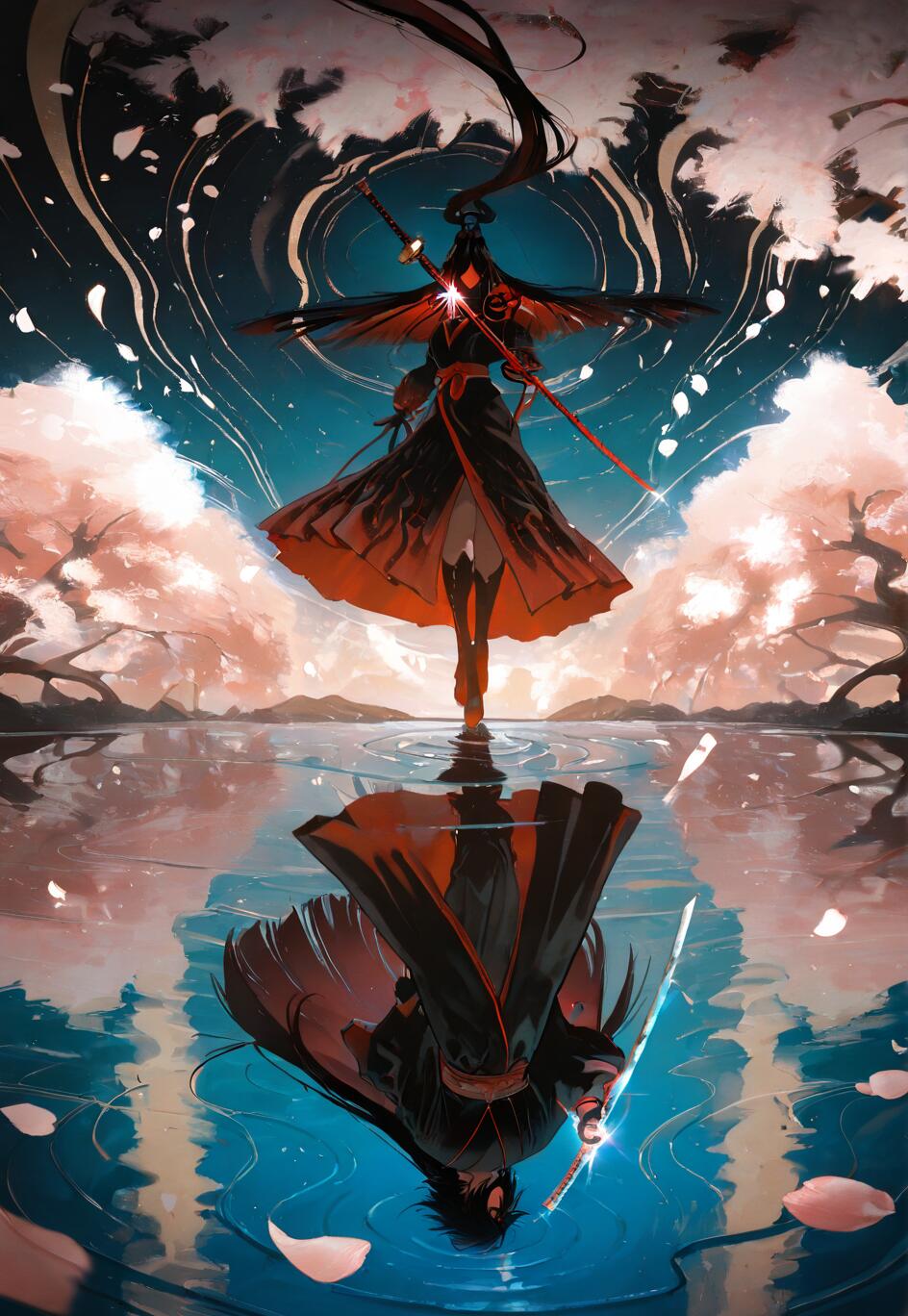 Una ilustración al estilo anime de Sasuke Uchiha, de la serie Naruto, de pie sobre el agua bajo un cielo nocturno con cerezos en flor. Su reflejo en el agua revela su verdadero rostro, creando un tema de dualidad.