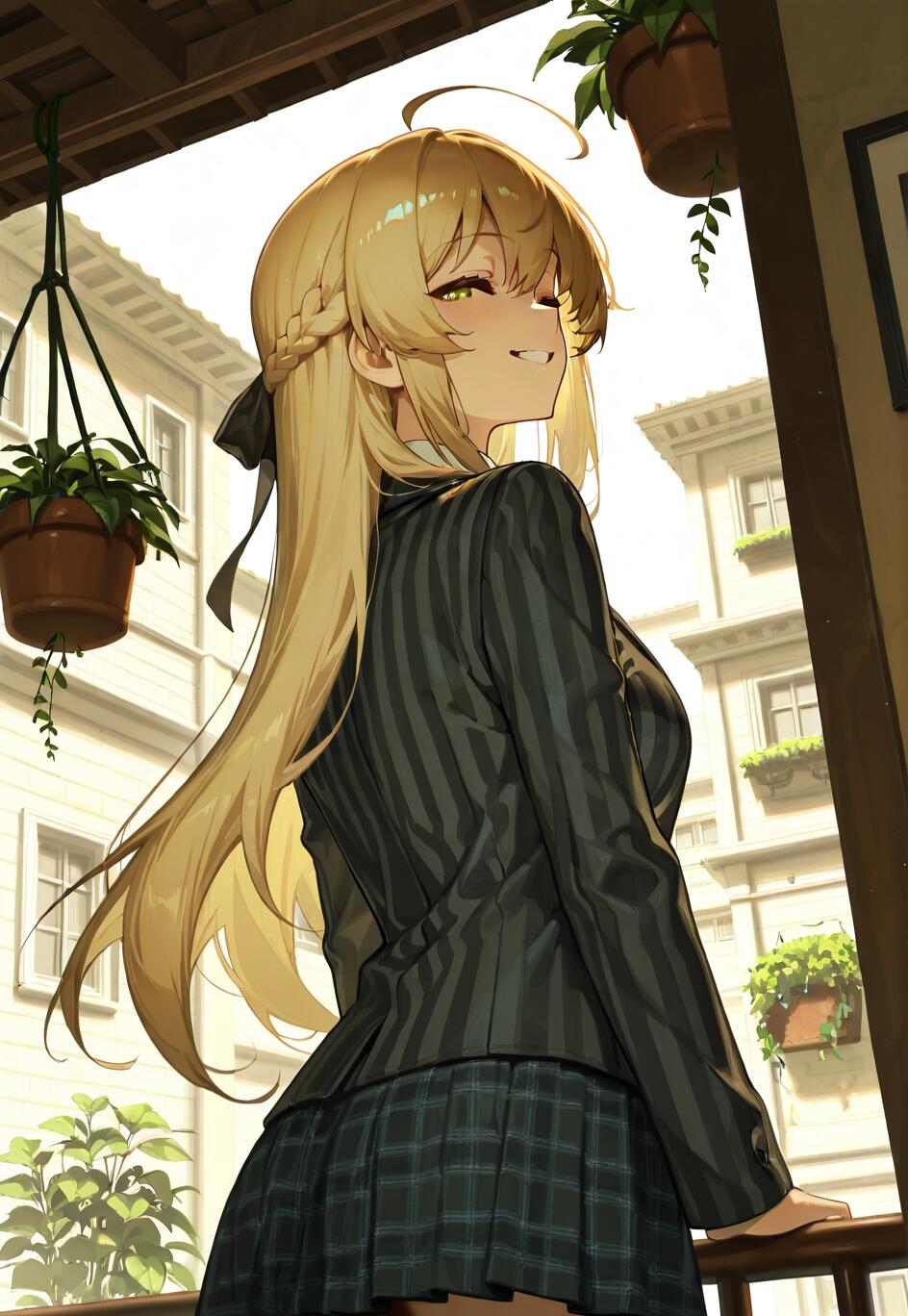 Una chica de anime, Shokuhou Misaki, con el pelo largo y rubio y un lazo negro, sonríe mientras está de pie en un balcón soleado. Lleva una chaqueta a rayas y una falda a cuadros, y está rodeada de plantas colgantes.