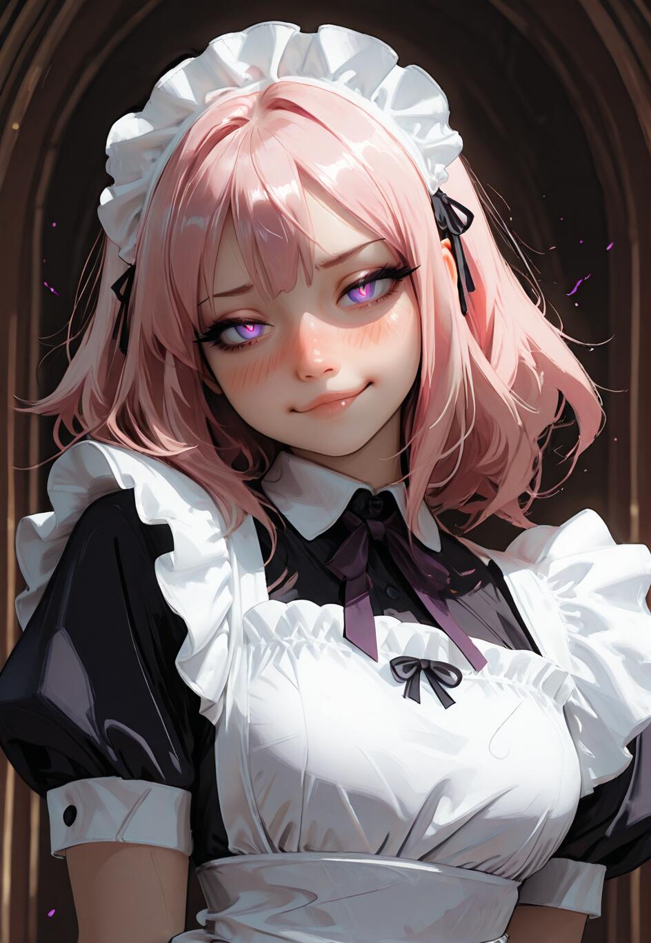 Una ilustración digital del personaje de anime Astolfo, de la serie Fate, con el pelo rosa y unos ojos morados brillantes, vestido con un uniforme de criada en blanco y negro. Tiene una expresión de suficiencia y mira a la cámara sobre un fondo oscuro.