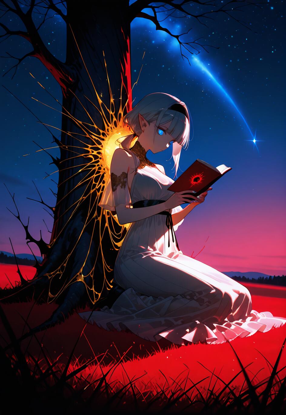 Una joven elfa de estilo anime, con cabello plateado y ojos azules brillantes, está arrodillada sobre la hierba roja, leyendo un libro mientras se apoya en un árbol. Detrás de ella, en el árbol, hay una fuente de luz brillante que se asemeja a una telaraña, y una estrella fugaz atraviesa el cielo nocturno.