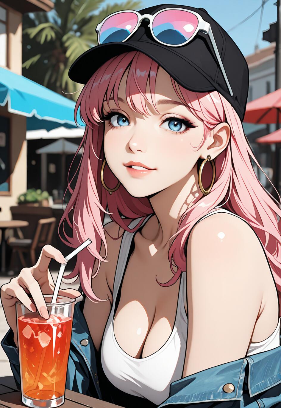 Un retrato al estilo anime de una joven con el pelo rosa y los ojos azules, sentada en una cafetería al aire libre. Lleva una gorra negra, gafas de sol, una chaqueta vaquera y sostiene un vaso alto con una bebida de color rojo anaranjado y una pajita.