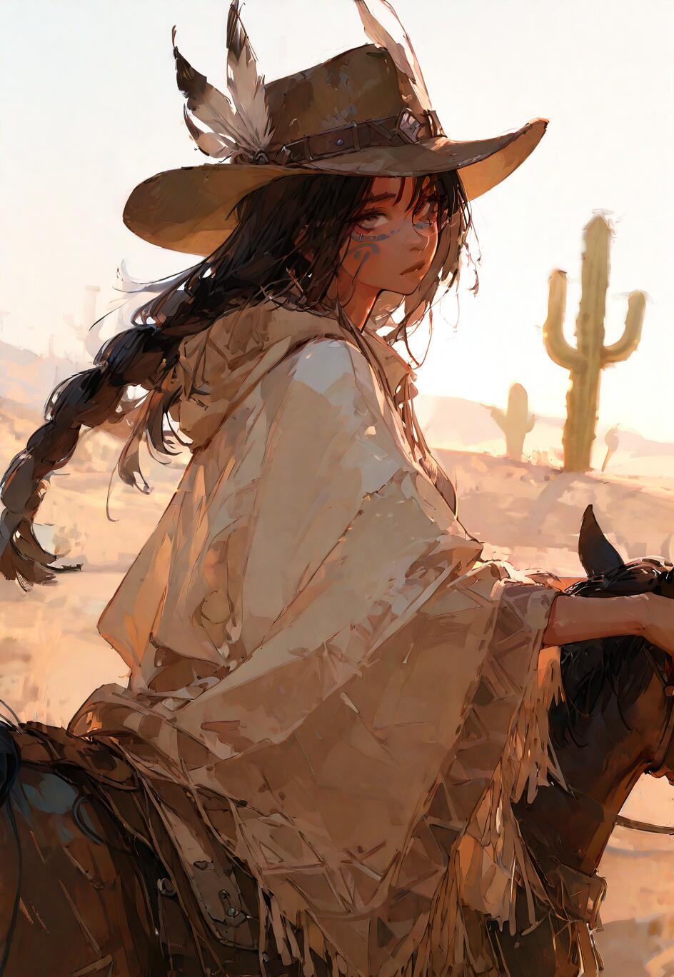 Una pintura digital que representa a una joven con largas trenzas oscuras y un sombrero con plumas, montando a caballo en el desierto. Lleva un poncho de color claro y mira por encima del hombro hacia el espectador. En el fondo, bajo un cielo soleado, se pueden ver cactus saguaro.
