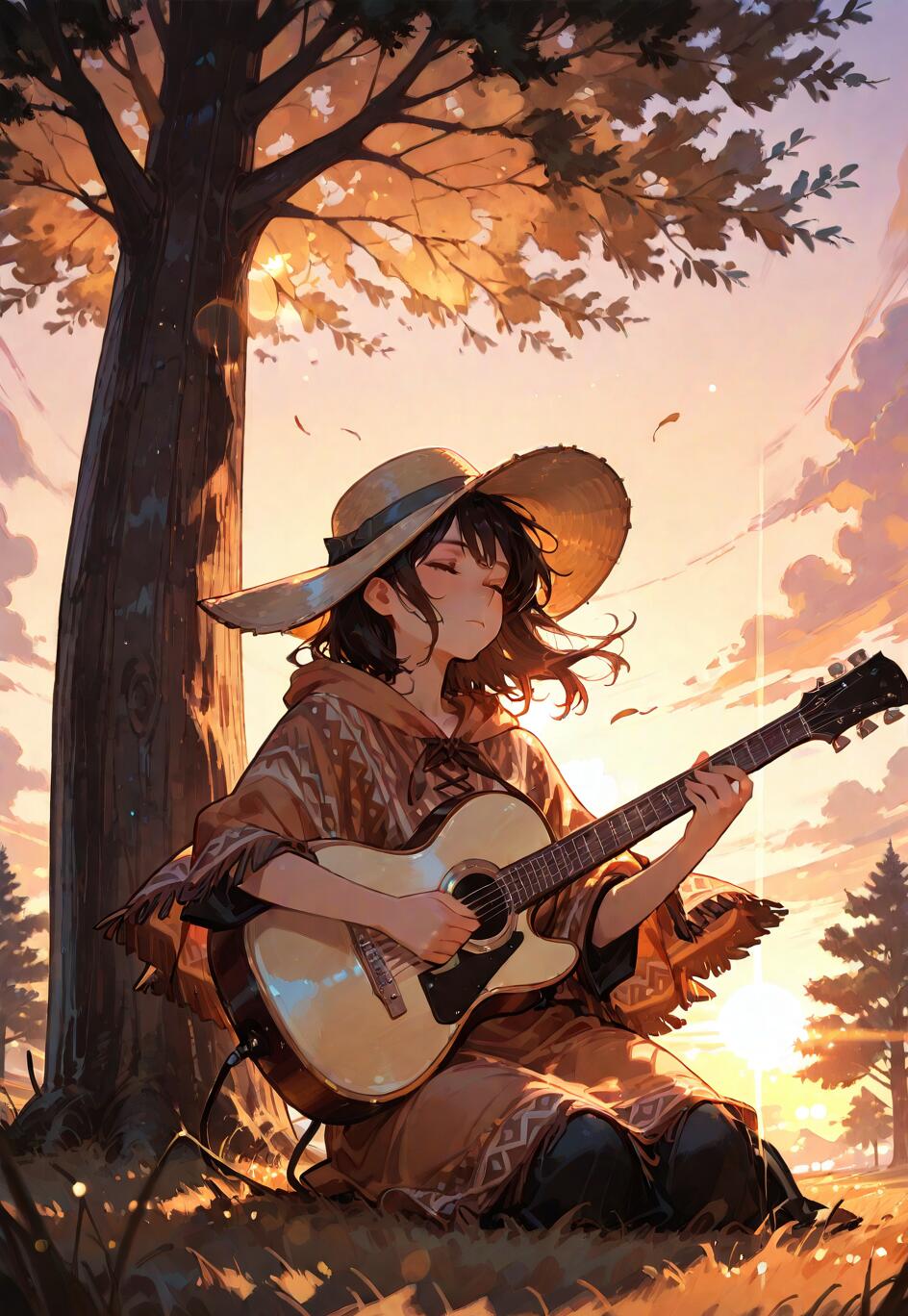 Una chica de estilo anime, con el pelo oscuro, que lleva un poncho y un sombrero de ala ancha, está sentada apoyada en un gran árbol al atardecer, tocando tranquilamente una guitarra acústica.