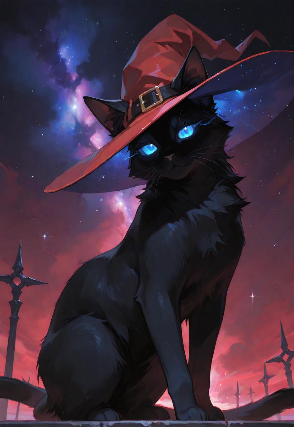 Una ilustración digital de un elegante gato negro con ojos azules brillantes, que lleva puesto un gran sombrero rojo de bruja. El gato está sentado y mira directamente al espectador, con un fondo de cielo nocturno lleno de nebulosas de color púrpura y rojo.