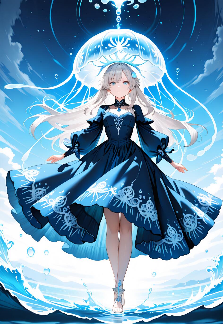 Una chica de anime, con el pelo largo y plateado y un vestido azul oscuro, está de pie sobre la superficie del agua. Lleva una gran medusa azul luminiscente sobre la cabeza, como si fuera un sombrero, y el fondo es de un color azul celeste.
