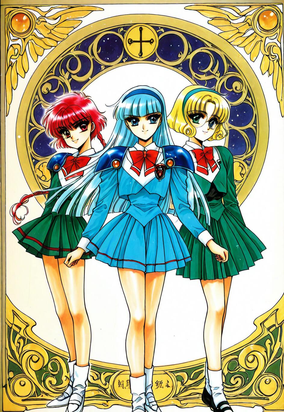 Ilustración de cuerpo entero de Hikaru Shidou, Umi Ryuuzaki y Fuu Hououji, personajes de Magic Knight Rayearth. Hikaru tiene el pelo rojo, Umi tiene el pelo azul y Fuu tiene el pelo rubio y lleva gafas. Llevan uniformes escolares con armadura y están de pie frente a un gran marco circular dorado y ornamentado.