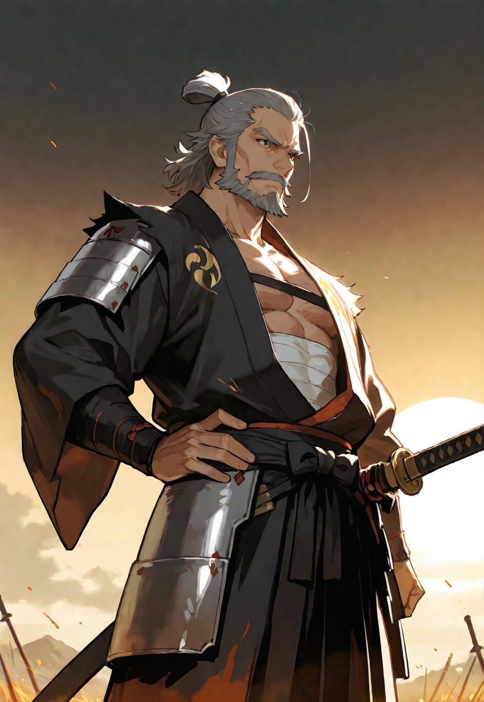 Una ilustración de estilo anime que representa a un anciano samurái, musculoso, con el pelo y la barba grises, vestido con un kimono negro y una armadura parcial, que se mantiene firme en un campo de batalla al amanecer.