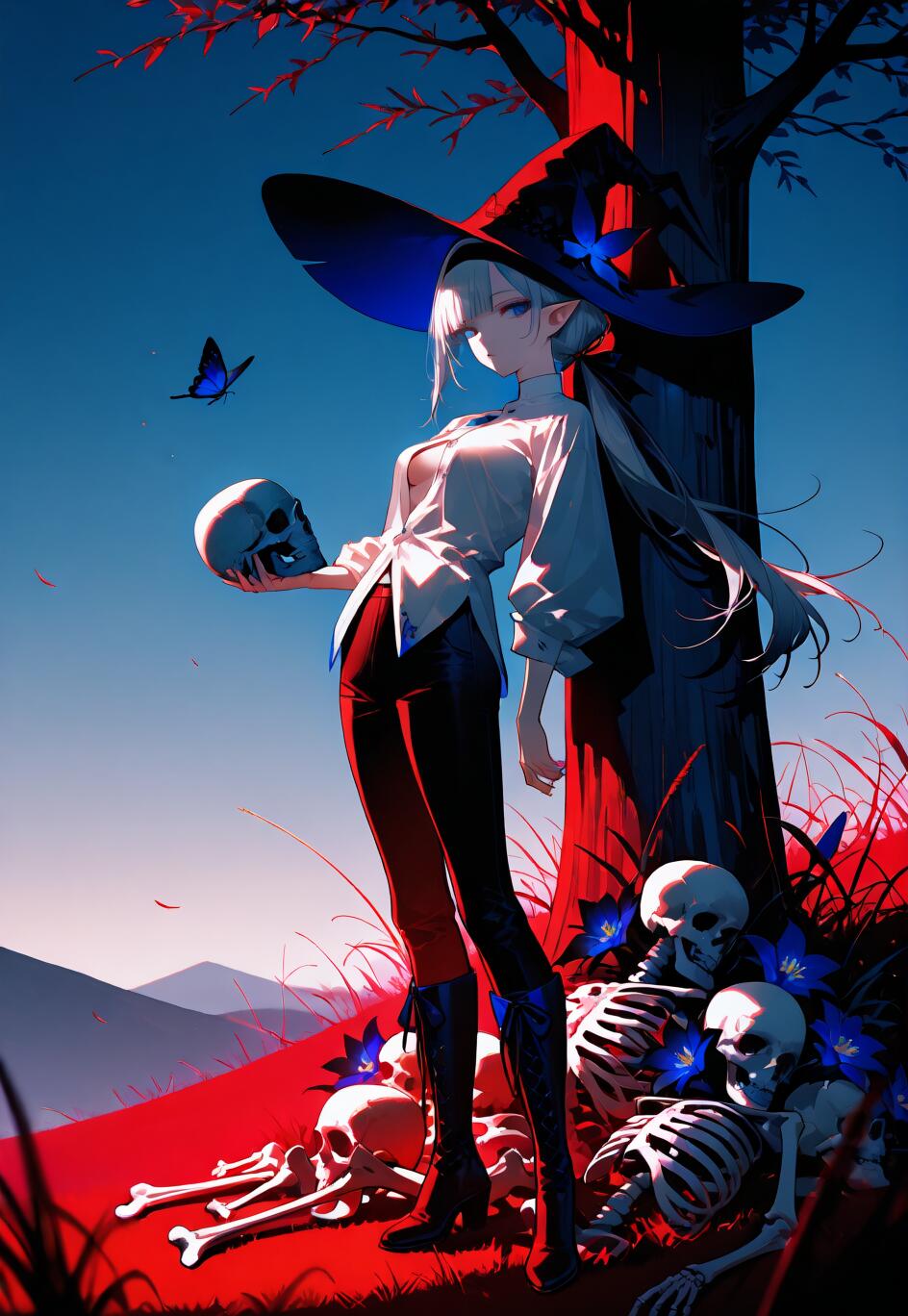Una ilustración de estilo anime que representa a una bruja de cabello plateado con un sombrero grande, sosteniendo una calavera. Está apoyada contra un árbol en un campo rojo y surrealista, lleno de esqueletos y flores azules, bajo un cielo azul oscuro.