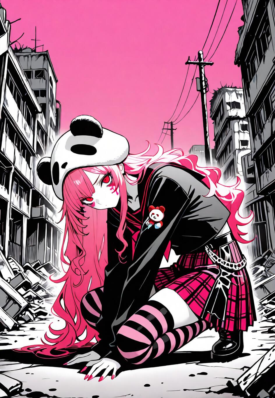 Una ilustración al estilo anime del personaje MaiMai de Arknights, con el pelo largo y rosa y un gorro de panda. Está agachada en una calle de una ciudad en ruinas, en blanco y negro, bajo un cielo de un intenso color rosa.