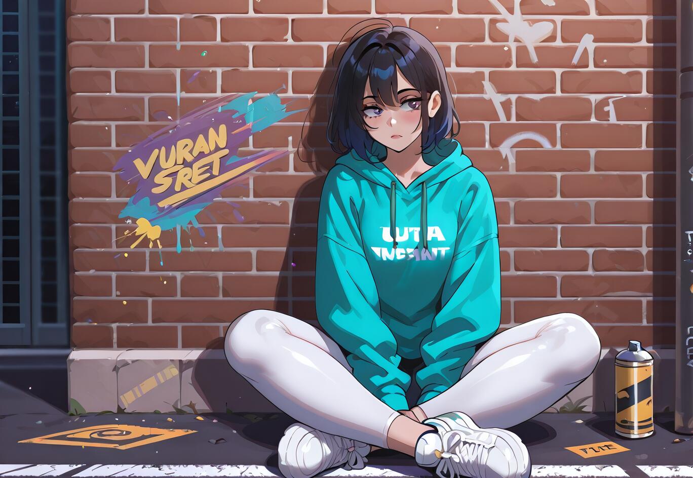 Una chica de anime, con el pelo corto y oscuro, lleva una sudadera color turquesa y mallas blancas, y está sentada en la acera, apoyada contra una pared de ladrillo cubierta de coloridos grafitis.