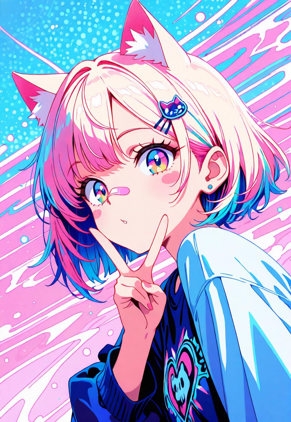Una chica con rasgos de anime, que parece una gatita, con el pelo rosa y azul, orejas de gato y un apósito en la nariz. Está sonriendo y hace el gesto de la paz con la mano, frente a un vibrante fondo abstracto en tonos rosa y azul.