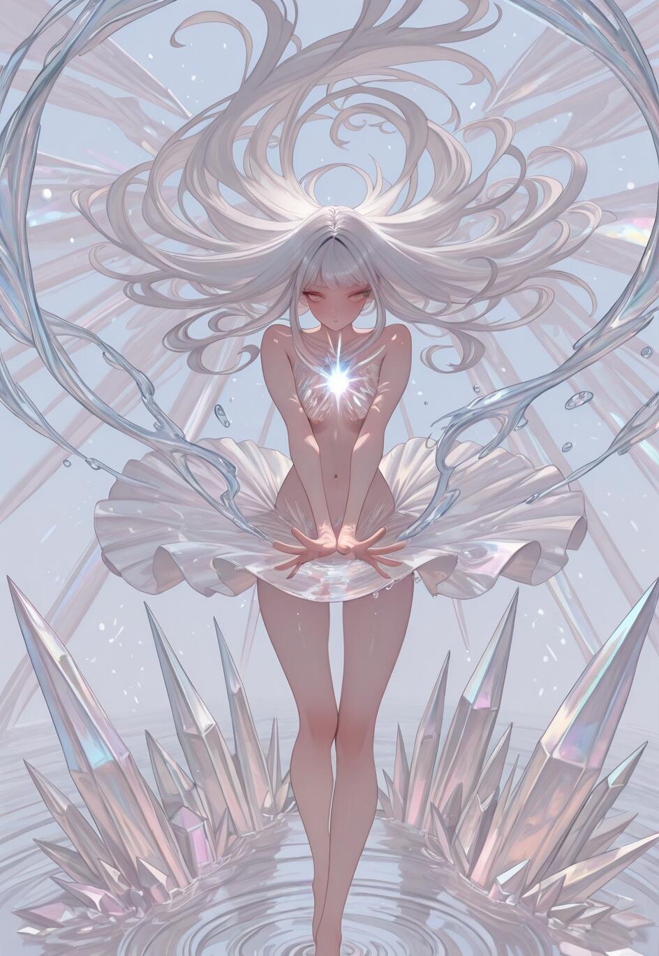 Una ilustración de cuerpo entero de una chica de anime con el pelo largo y blanco, de pie en el agua. Tiene una luz brillante en el pecho y está rodeada de grandes cristales iridiscentes y volutas de agua que giran a su alrededor.
