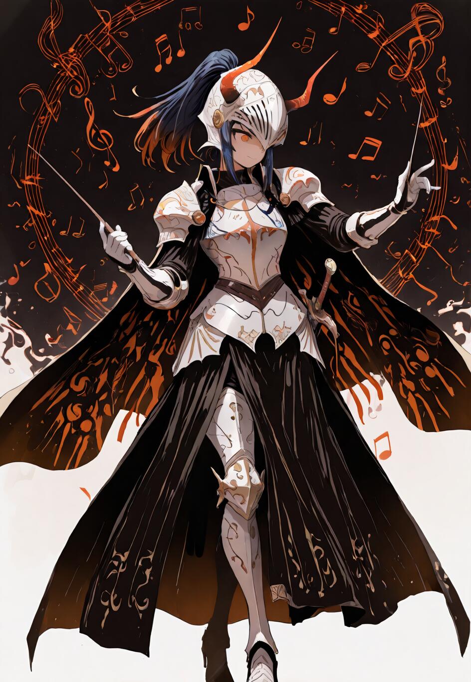 Una ilustración al estilo anime del personaje Yaneko Uta, representada como una directora de orquesta ataviada con armadura. Lleva una elaborada armadura blanca y plateada, una capa negra y un casco con cuernos. Sostiene dos batutas y está de pie en medio de un vórtice de brillantes notas musicales de color naranja.
