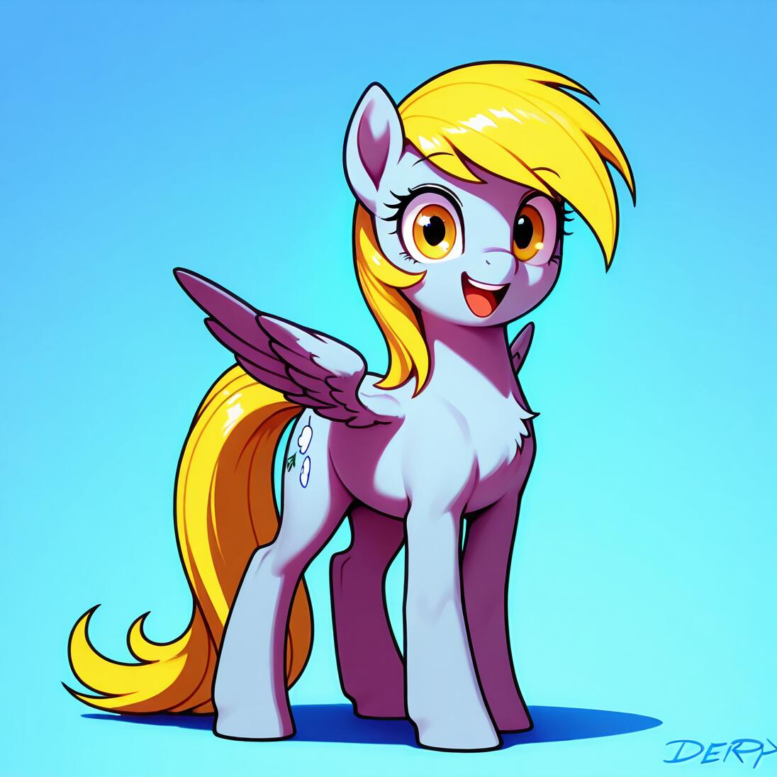 Ilustración digital de cuerpo entero del personaje Derpy Hooves, de la serie My Little Pony. Es una yegua gris, de la raza Pegaso, con una melena y cola rubias, y está sonriendo alegremente mientras está de pie frente a un fondo azul.