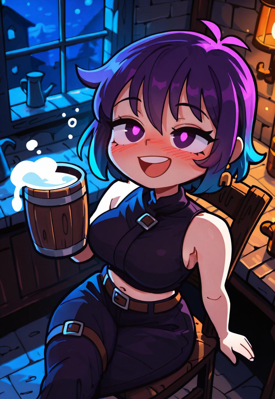 Una ilustración de estilo anime que representa a una chica con el pelo corto, de color morado y azul, sonriendo alegremente mientras sostiene una gran jarra de madera llena de cerveza en una acogedora taberna iluminada con velas durante la noche.