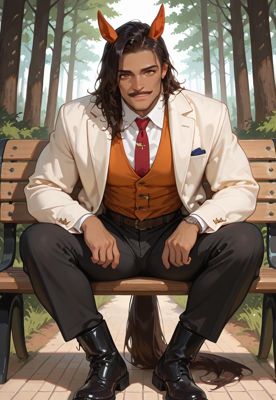 Una ilustración digital de un hombre atractivo, de piel morena, cabello largo y oscuro, bigote y orejas de caballo, sentado en un banco de parque. Lleva una chaqueta color crema, un chaleco naranja y una corbata roja, y mira a la cámara con confianza, esbozando una ligera sonrisa. Detrás de él, en el suelo, se encuentra una cola de caballo.
