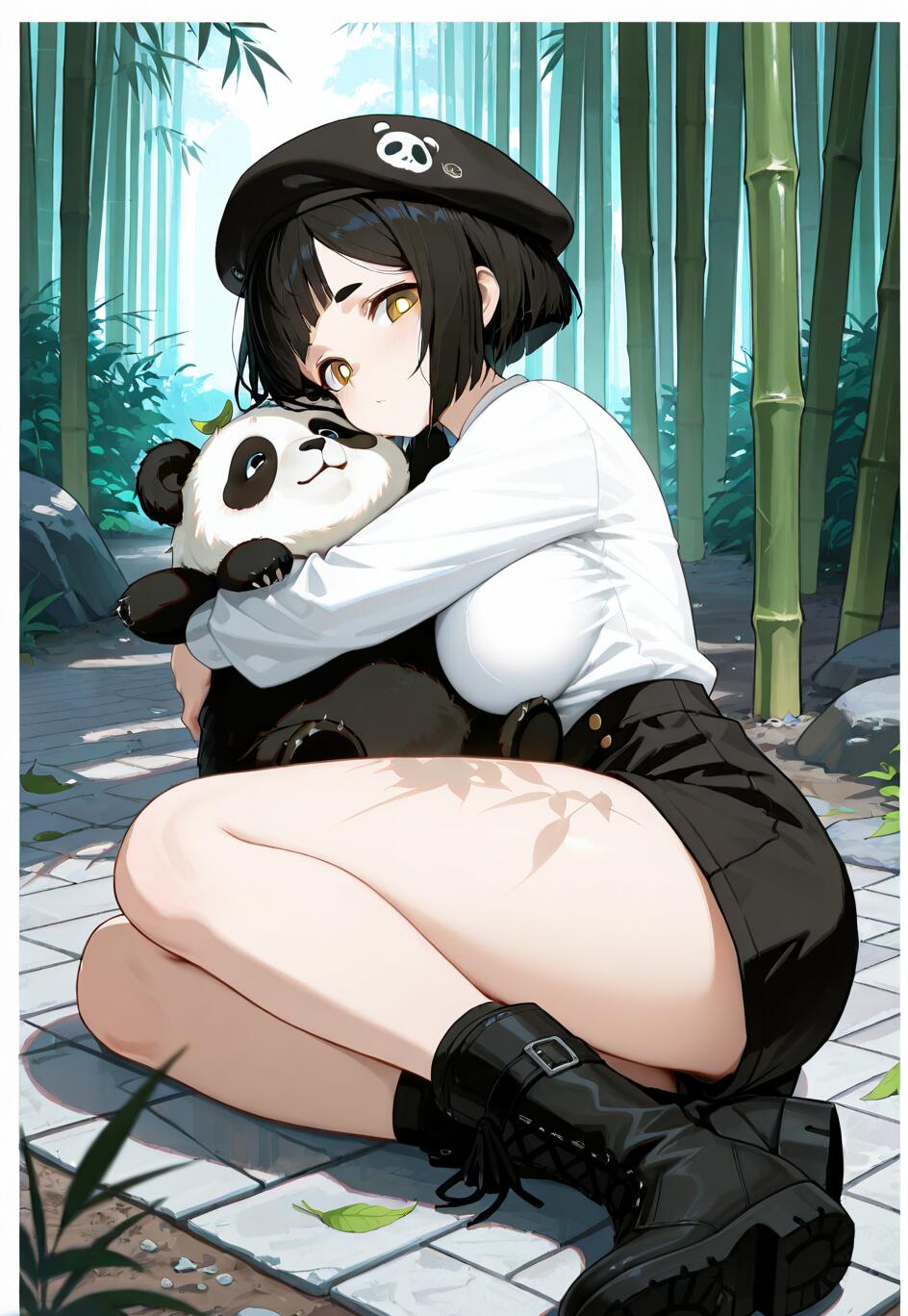 Una chica de estilo anime, con el pelo corto y negro y un gorro de panda, está sentada en un sendero de piedra en un bosque de bambú, abrazando con ternura a un gran oso panda.